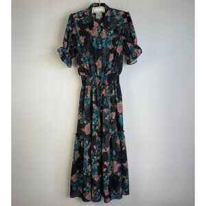 Misa Womens Melvari Dress Small Black Shadow Printed Ruffle Elastic Waist New